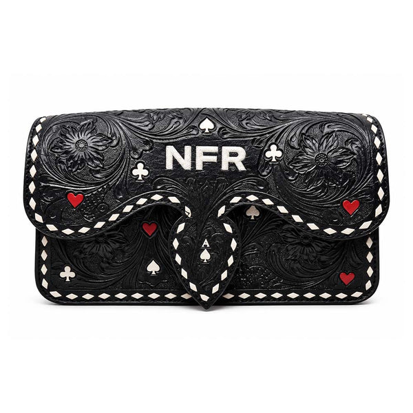 Official PRCA & NFR Licensed Collection Black Tooled Floral Leather Poker Handbag Western Clutch