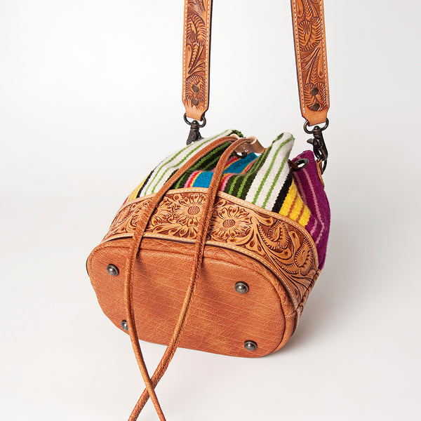 ADBG569 American Darling Hand Tooled Floral Leather & Woven Saddle Blanket Western Bucket Bag