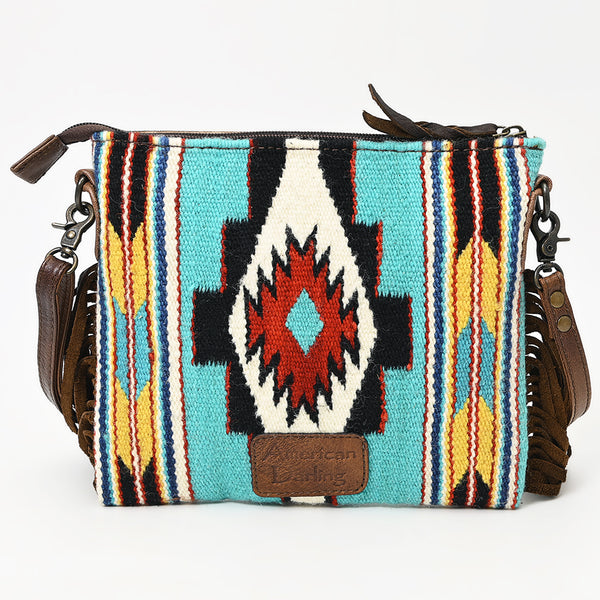 ADBG236 American Darling Woven Saddle Blanket Tooled Leather Fringe Crossbody
