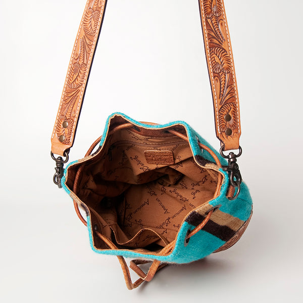 ADBG569 American Darling Hand Tooled Floral Leather & Woven Saddle Blanket Western Bucket Bag