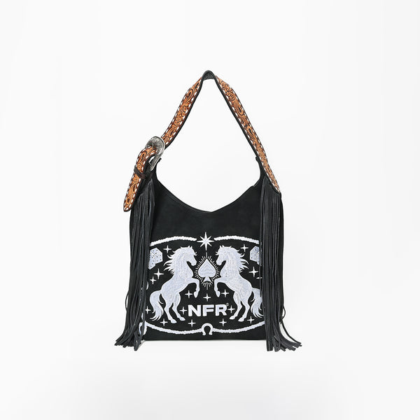 Official PRCA & NFR Licensed Collection® Floral Hand-Tooled Leather Strap Equestrian Graphic Fringe Shoulder Bag