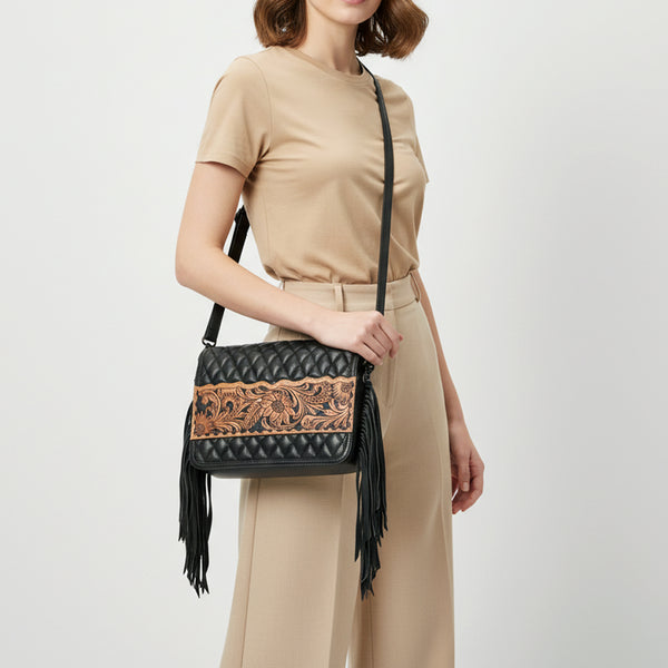 ADBGZ1014 American Darling Hand Tooled Quilted Leather Western Fringe Crossbody Purse