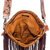 ADBGS192 Cowhide Large Crossbody Bag with Tooled Patch, Fringe & Floral Strap - Western Purse