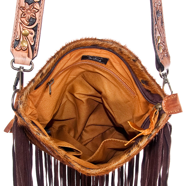 ADBGS192 Cowhide Large Crossbody Bag with Tooled Patch, Fringe & Floral Strap - Western Purse