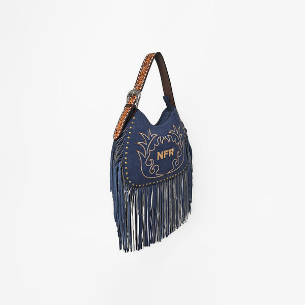 Official PRCA & NFR Licensed Collection® Blue Embroidered Western Stitch Long Fringe Shoulder Hobo Bag