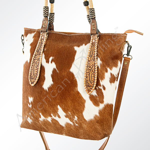 ADBG541 American Darling Hand Tooled Leather & Hair-On Cowhide Western Tote Bag