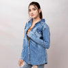 LC-ADSH026 Women's Light Wash Western Denim Shirt with Hand-Tooled Black Backed Floral Leather Yoke