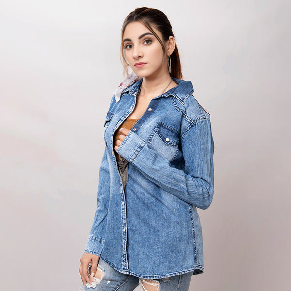 LC-ADSH026 Women's Light Wash Western Denim Shirt with Hand-Tooled Black Backed Floral Leather Yoke