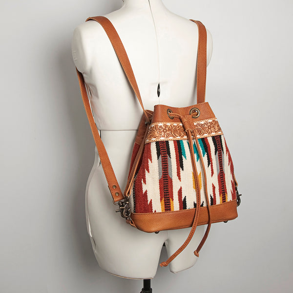 ADBG862 American Darling Hand Tooled Floral & Hand-Woven Saddle Blanket Leather Bucket Bag