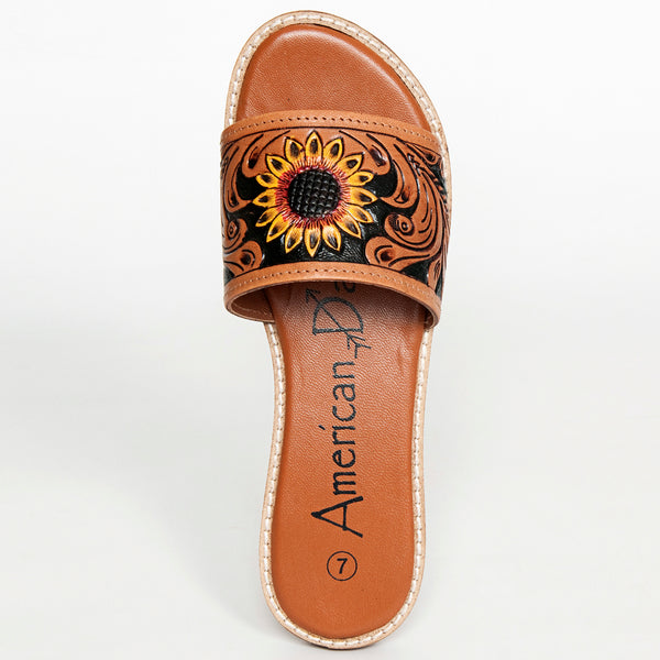 LC-ADFTE106A-8 Sunflower Tooled Leather Slide Sandals - Western Summer Slip-Ons by American Darling