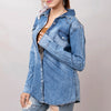 LC-ADSH026 Women's Light Wash Western Denim Shirt with Hand-Tooled Black Backed Floral Leather Yoke