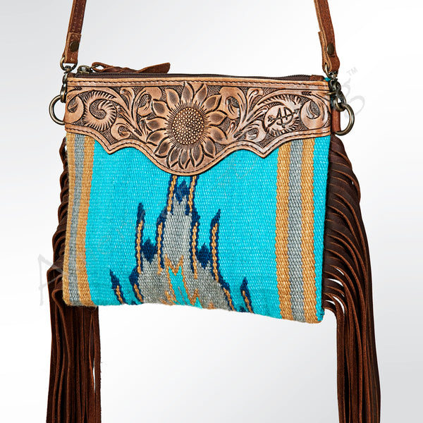 ADBG236 American Darling Woven Saddle Blanket Tooled Leather Fringe Crossbody