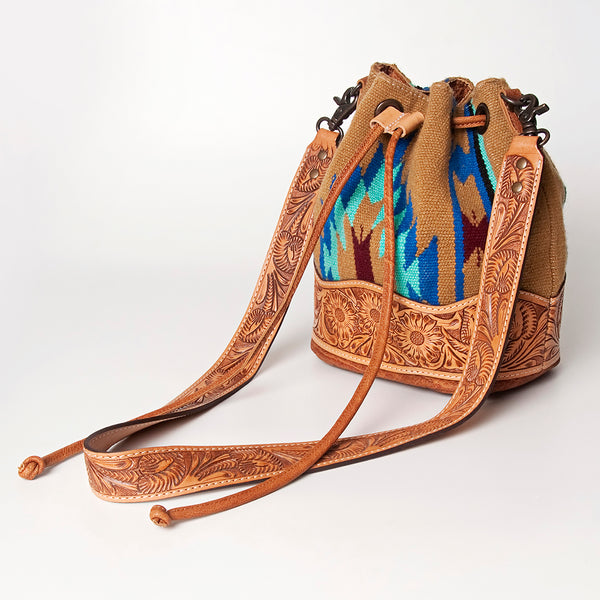 ADBG569 American Darling Hand Tooled Floral Leather & Woven Saddle Blanket Western Bucket Bag