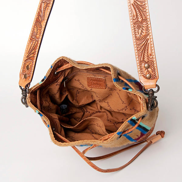 ADBG569 American Darling Hand Tooled Floral Leather & Woven Saddle Blanket Western Bucket Bag