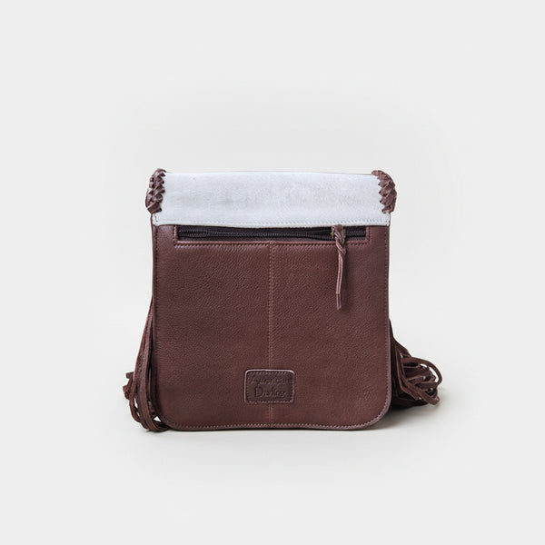 Official PRCA & NFR Licensed Collection® Western Cowhide White & Brown Fringe Leather Shoulder Bag
