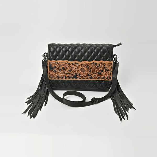 ADBGZ1014 American Darling Hand Tooled Quilted Leather Western Fringe Crossbody Purse