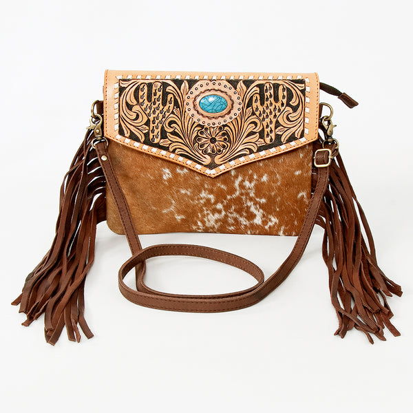 ADBGD118 American Darling Hand Tooled Floral & Hair-On Cowhide Leather Envelope with Fringes