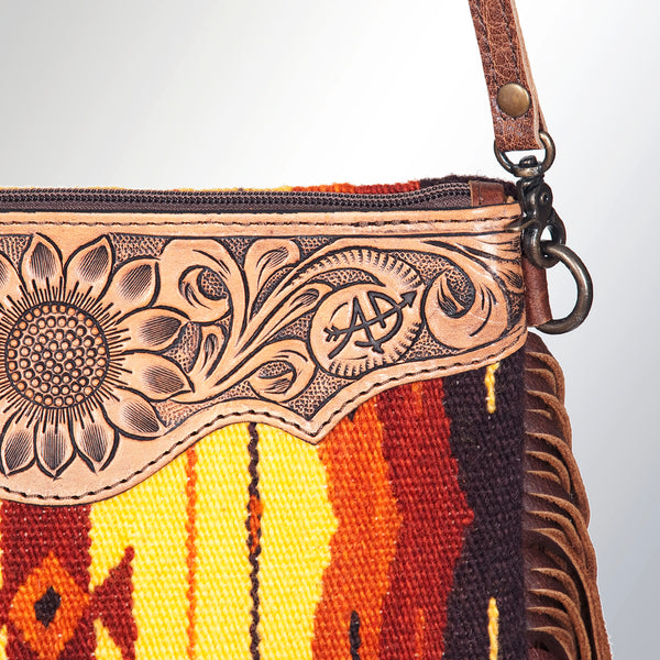 ADBG236 American Darling Woven Saddle Blanket Tooled Leather Fringe Crossbody