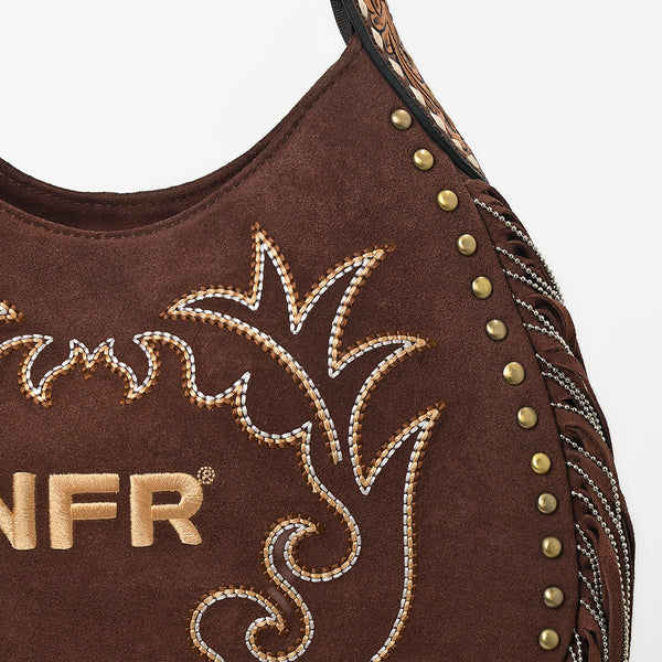 Official PRCA & NFR Licensed Collection® Brown Suede Gold Embroidered Long Fringe Hobo Shoulder Bag