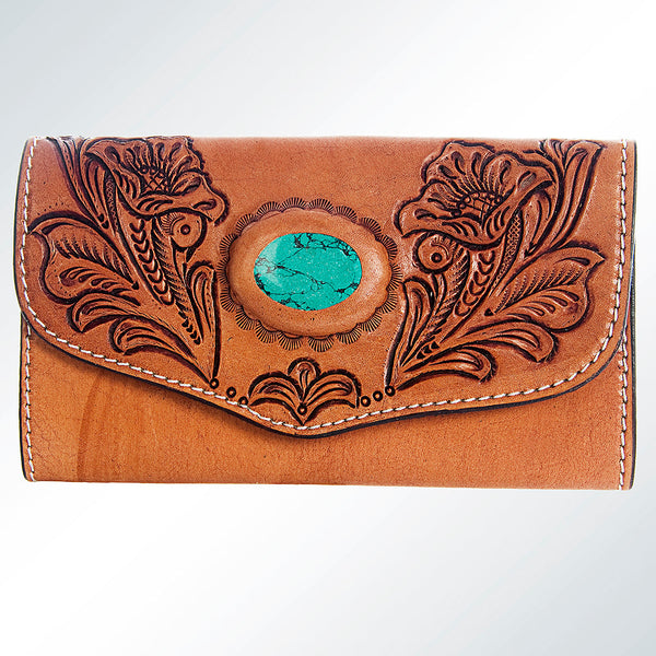 ADBGH105 Tooled Leather Western Wallet - Turquoise Stone Inlay & Floral Design