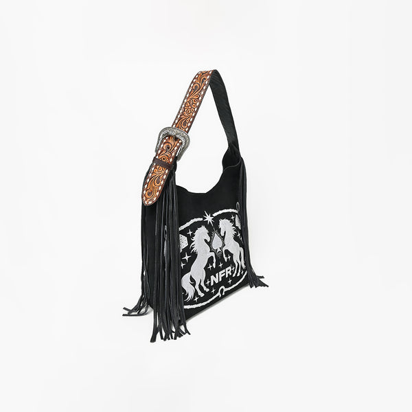 Official PRCA & NFR Licensed Collection® Floral Hand-Tooled Leather Strap Equestrian Graphic Fringe Shoulder Bag