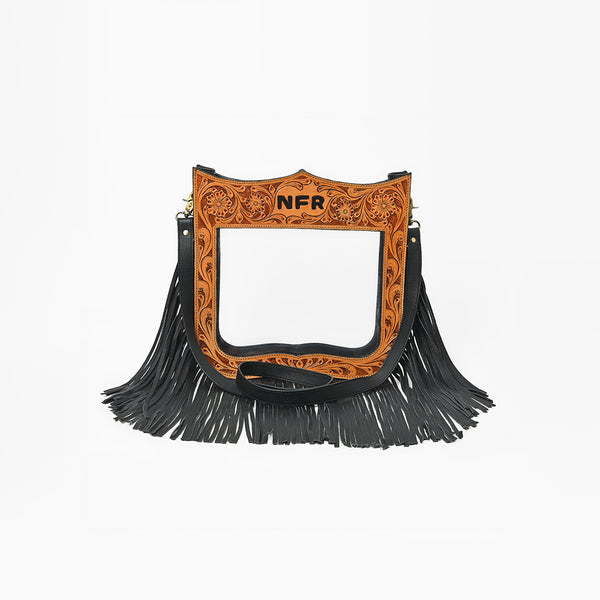 Official PRCA & NFR Licensed Collection® Floral Hand Tooled Leather Frame Clear Stadium Fringe Crossbody Bag