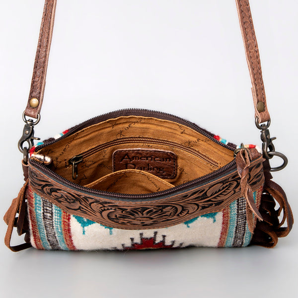 ADBG236 American Darling Woven Saddle Blanket Tooled Leather Fringe Crossbody