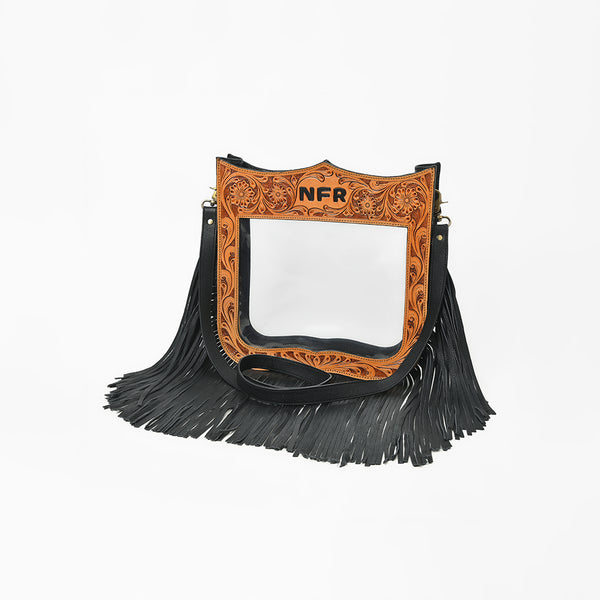 Official PRCA & NFR Licensed Collection® Floral Hand Tooled Leather Frame Clear Stadium Fringe Crossbody Bag