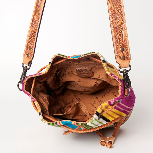 ADBG569 American Darling Hand Tooled Floral Leather & Woven Saddle Blanket Western Bucket Bag