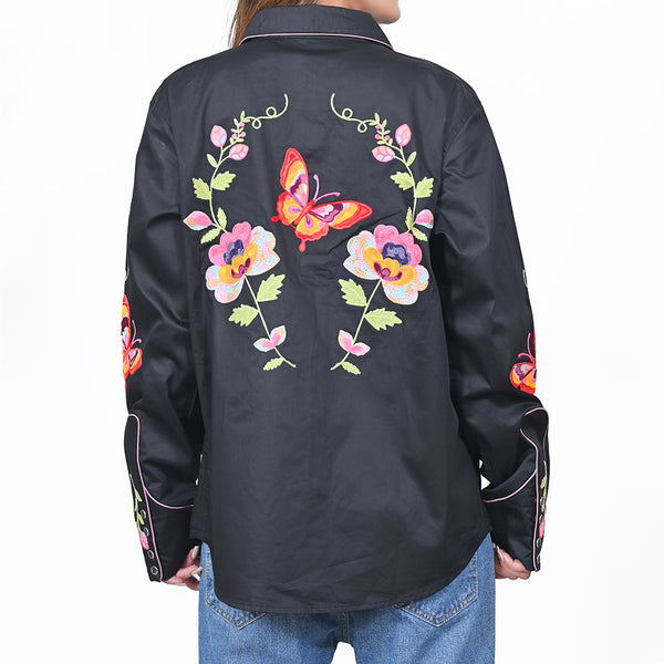 ADSH068 American Darling Black Western Apparel - Embroidered Satin Cotton Floral Butterfly Shirt