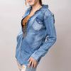 LC-ADSH026 Women's Light Wash Western Denim Shirt with Hand-Tooled Black Backed Floral Leather Yoke