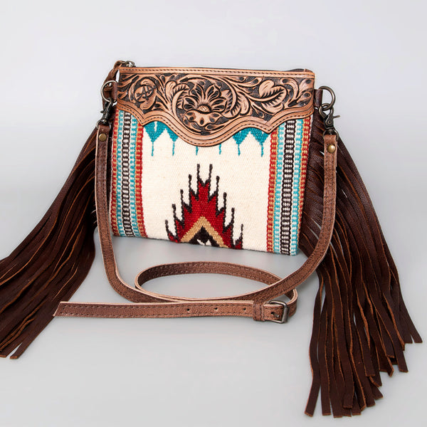 ADBG236 American Darling Woven Saddle Blanket Tooled Leather Fringe Crossbody