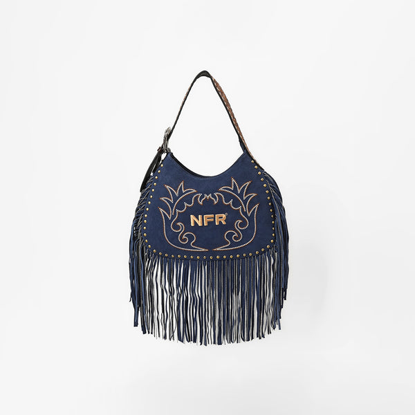 Official PRCA & NFR Licensed Collection® Blue Embroidered Western Stitch Long Fringe Shoulder Hobo Bag
