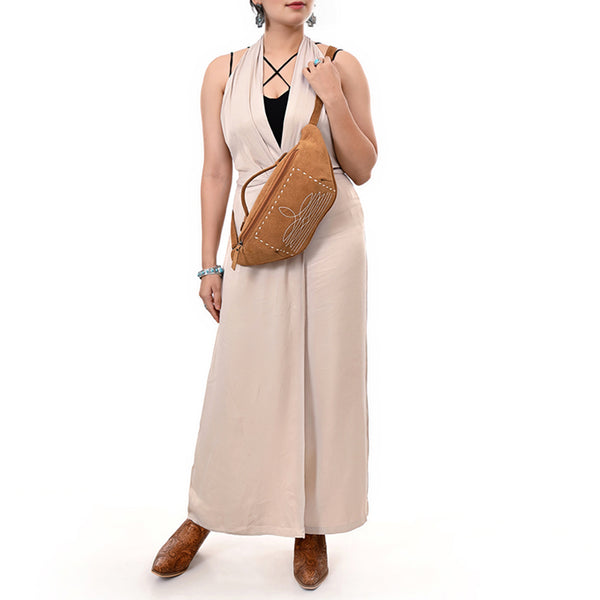 ADBG1618 American Darling Western Genuine Suede Leather Fanny Pack with Boot Stitching Handmade Black Waist Bag