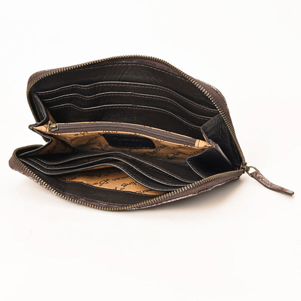 ADBGZ776 Western Metallic Distressed Leather Wallet - Silver-Foiled Zip Clutch
