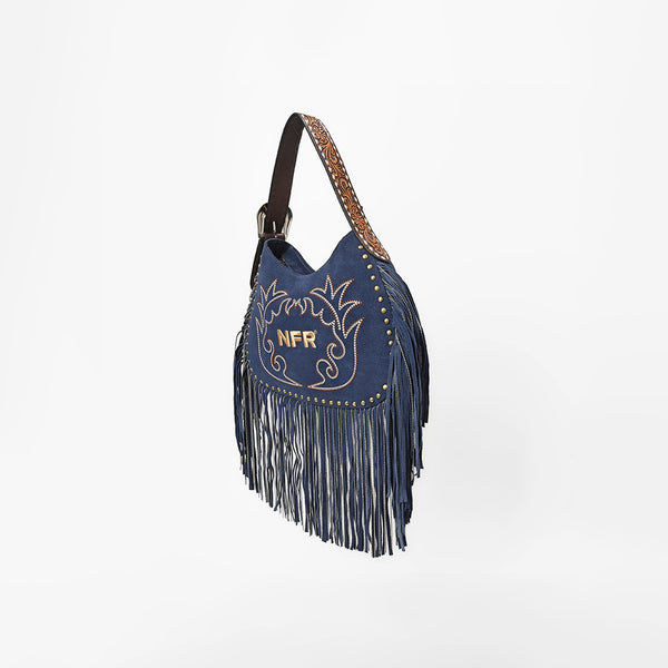 Official PRCA & NFR Licensed Collection® Blue Embroidered Western Stitch Long Fringe Shoulder Hobo Bag