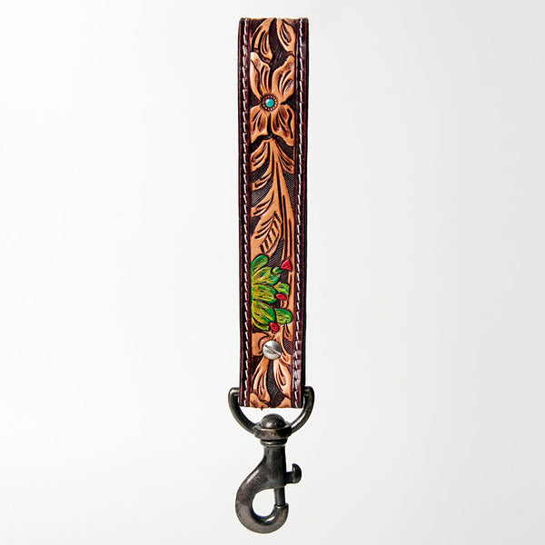 ADBRF129 Hand Tooled Leather Wristlet Keychain - Floral Tooling with Painted Accents & Concho