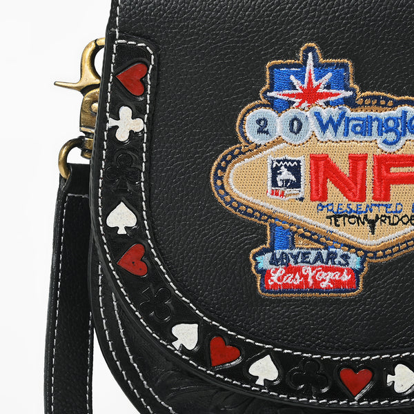 Official PRCA & NFR Licensed Collection® Genuine Leather Playing Card Motif Toolwork Accent Crossbody Bag