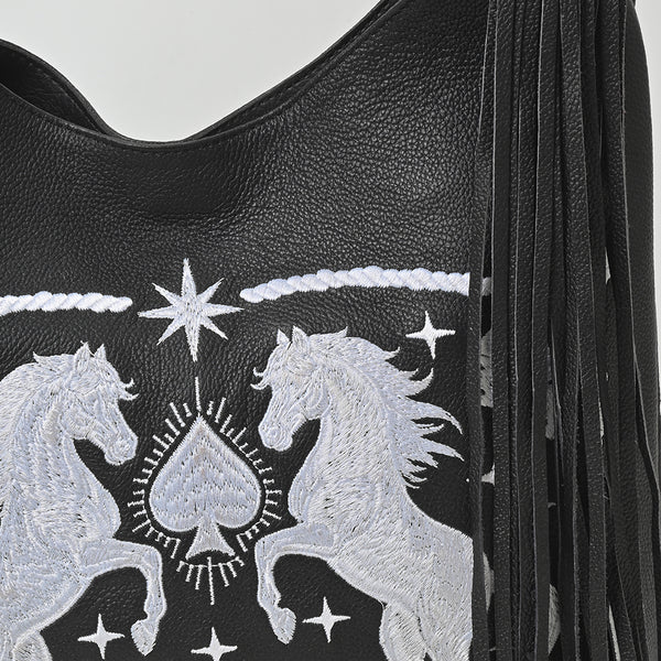 Official PRCA & NFR Licensed Collection® Tooled Leather Strap White Embroidered Graphic Fringe Shoulder Bag