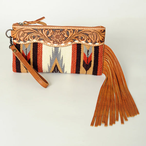 ADBG344 American Darling Aztec Saddle Blanket Tooled Leather Fringe Wristlet Clutch