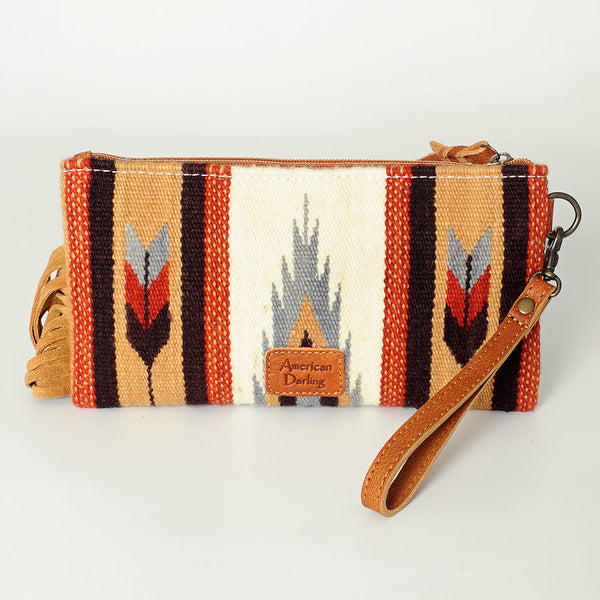 ADBG344 American Darling Aztec Saddle Blanket Tooled Leather Fringe Wristlet Clutch