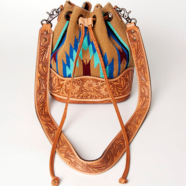 ADBG569 American Darling Hand Tooled Floral Leather & Woven Saddle Blanket Western Bucket Bag