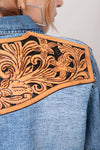 LC-ADSH026 Women's Light Wash Western Denim Shirt with Hand-Tooled Black Backed Floral Leather Yoke