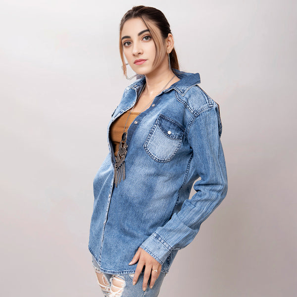 LC-ADSH026 Women's Light Wash Western Denim Shirt with Hand-Tooled Black Backed Floral Leather Yoke