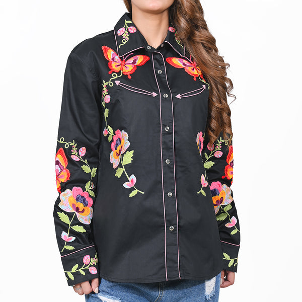 ADSH068 American Darling Black Western Apparel - Embroidered Satin Cotton Floral Butterfly Shirt