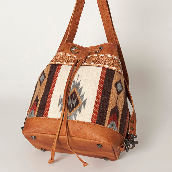ADBG862 American Darling Hand Tooled Floral & Hand-Woven Saddle Blanket Leather Bucket Bag