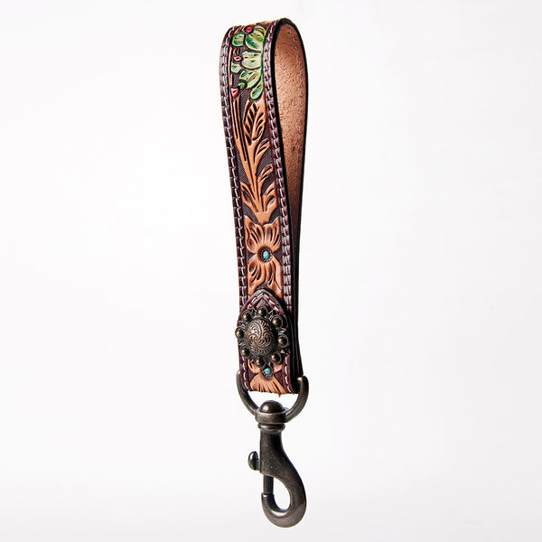 ADBRF129 Hand Tooled Leather Wristlet Keychain - Floral Tooling with Painted Accents & Concho