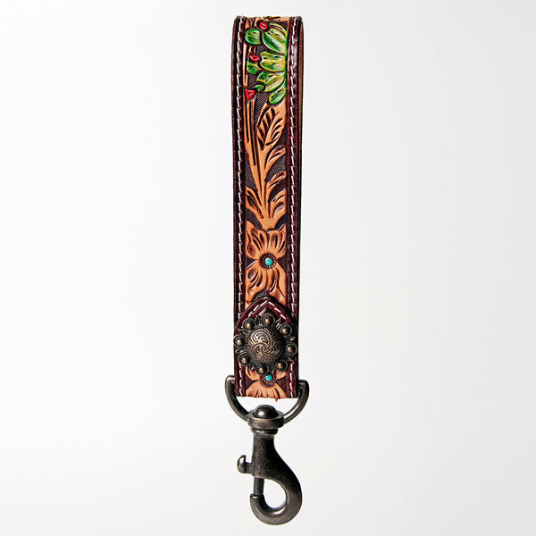 ADBRF129 Hand Tooled Leather Wristlet Keychain - Floral Tooling with Painted Accents & Concho