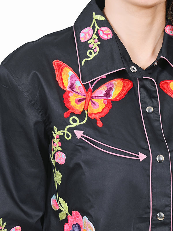 ADSH068 American Darling Black Western Apparel - Embroidered Satin Cotton Floral Butterfly Shirt