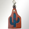 LC-ADKRX124 Hand-Tooled Leather Keyring Blue Cactus with Heart Accent on Tan Leather